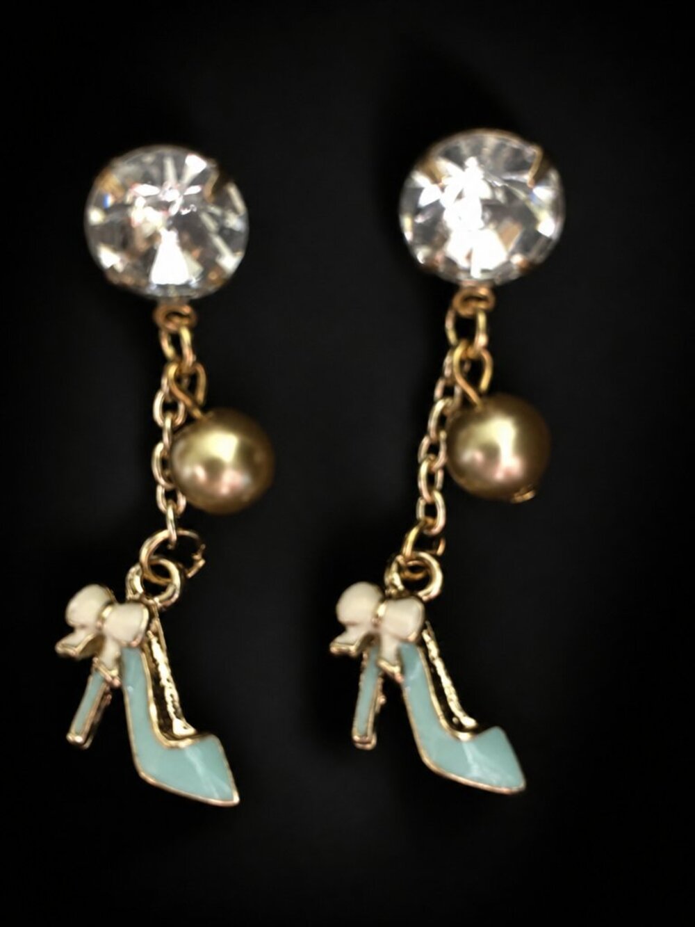 High Heel Rhinestone Dangle Earrings with Teal Shoe & Flower Charms